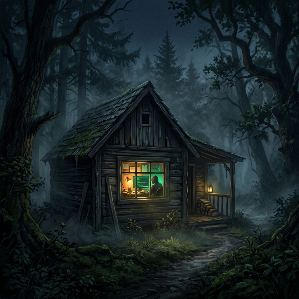 Mysteriöser Entwickler-Schuppen im Wald bei Nacht